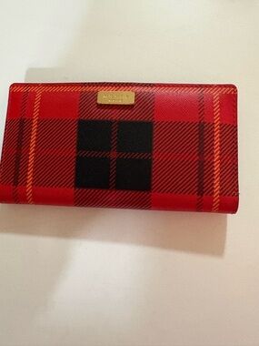 kate spade Red and Black Plaid Continental Wallet with Gold Logo